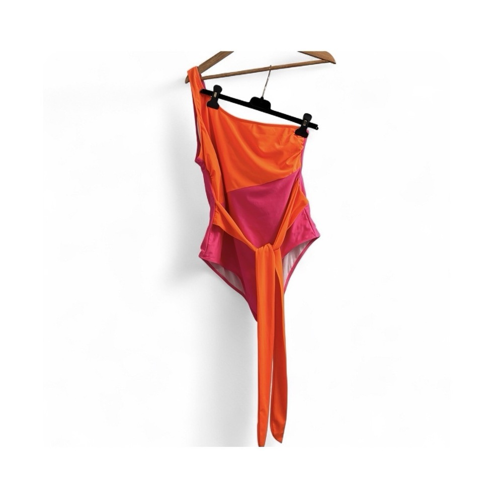 Neon Colorblock One-Shoulder One-Piece Swimsuit with Waist Tie Size 2XL
